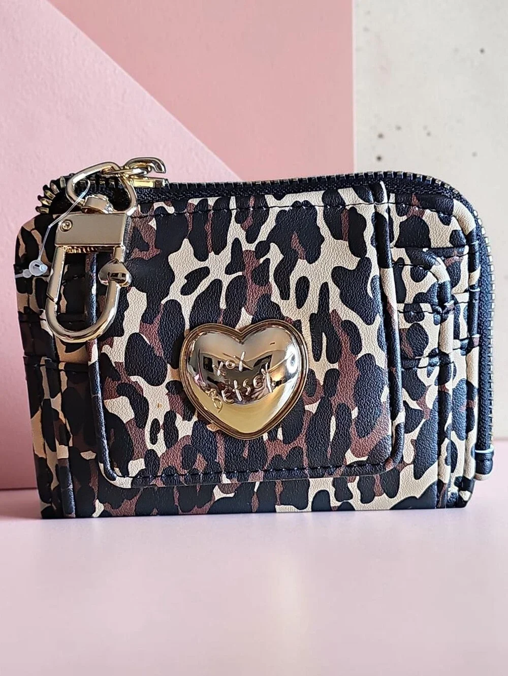 Betsey Johnson Leopard-Print Zip Card Wallet with Gold Heart